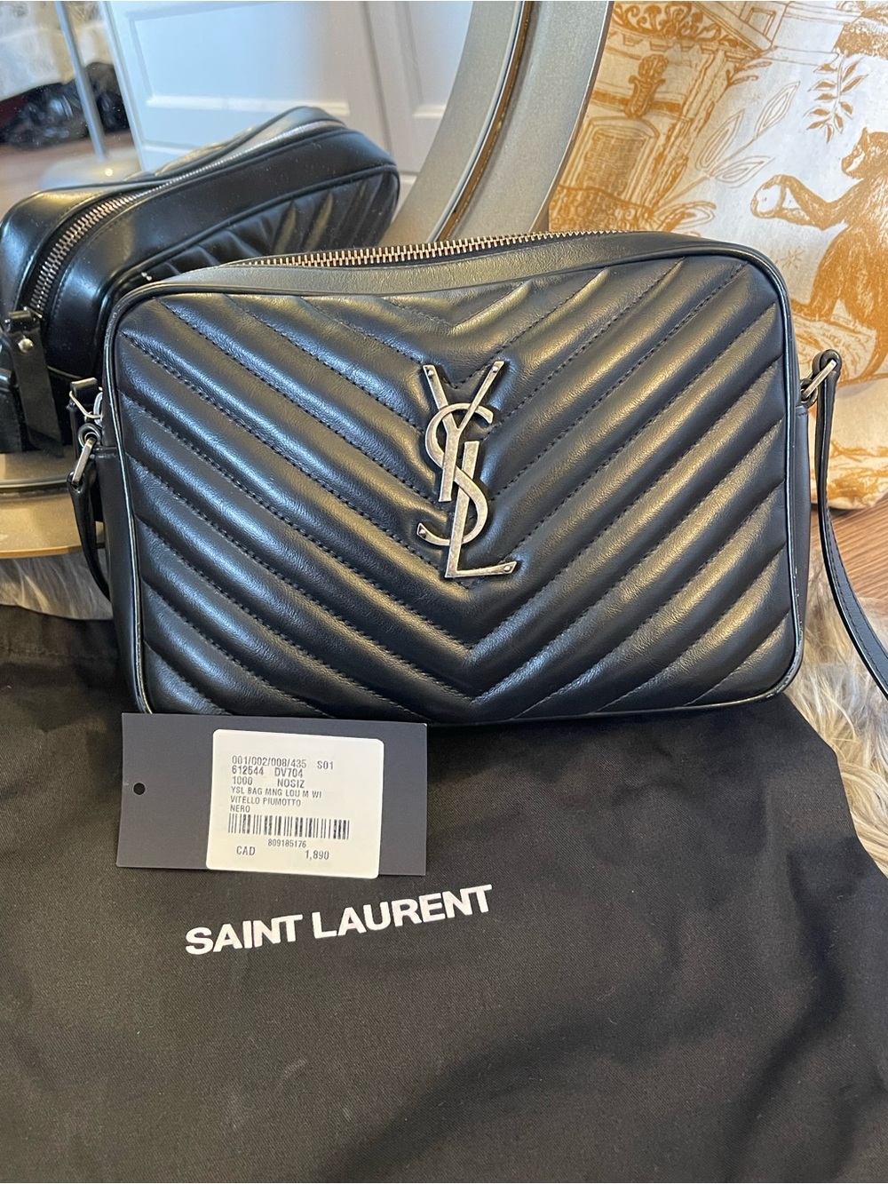 Saint Laurent Black Chevron Quilted Crossbody with Brushed Silver YSL Emblem